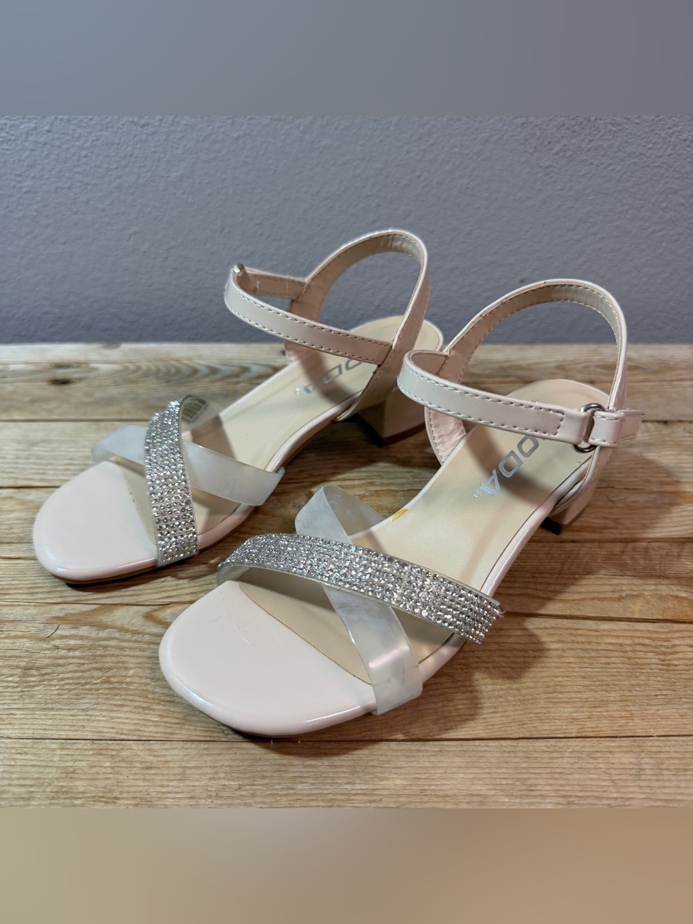 Rhinestone Ankle-Strap Sandals in light peach